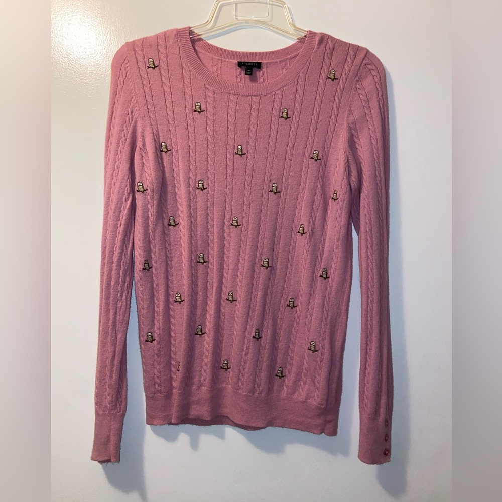 Talbots pink knit sweater. Embroidered owl detail.